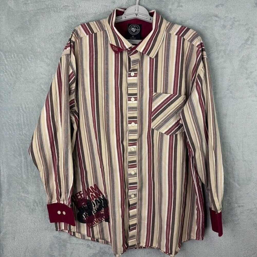Def Jam Shirt mens XL Red‎ Brown Striped button down long sleeve